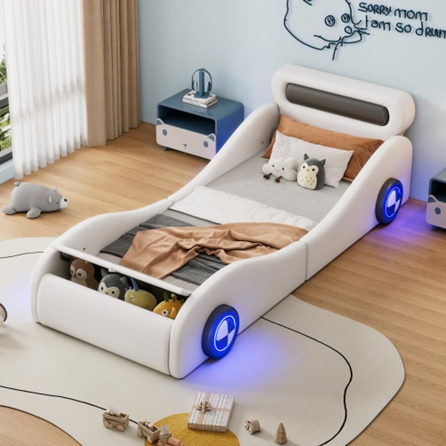 Gestoffeerd bed 90x200cm eenpersoonsbed kinderbed jeugdbed gestoffeerd bed in de vorm van een auto met verlichte wielen en opbergruimte PU ​​​​zonder matras wit