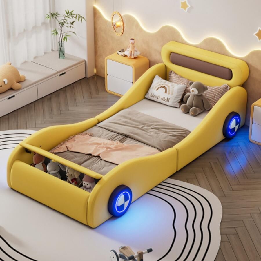Gestoffeerd bed 90x200cm eenpersoonsbed kinderbed jeugdbed gestoffeerd bed in de vorm van een auto met verlichte wielen en opbergruimte PU ​​​​zonder matras geel