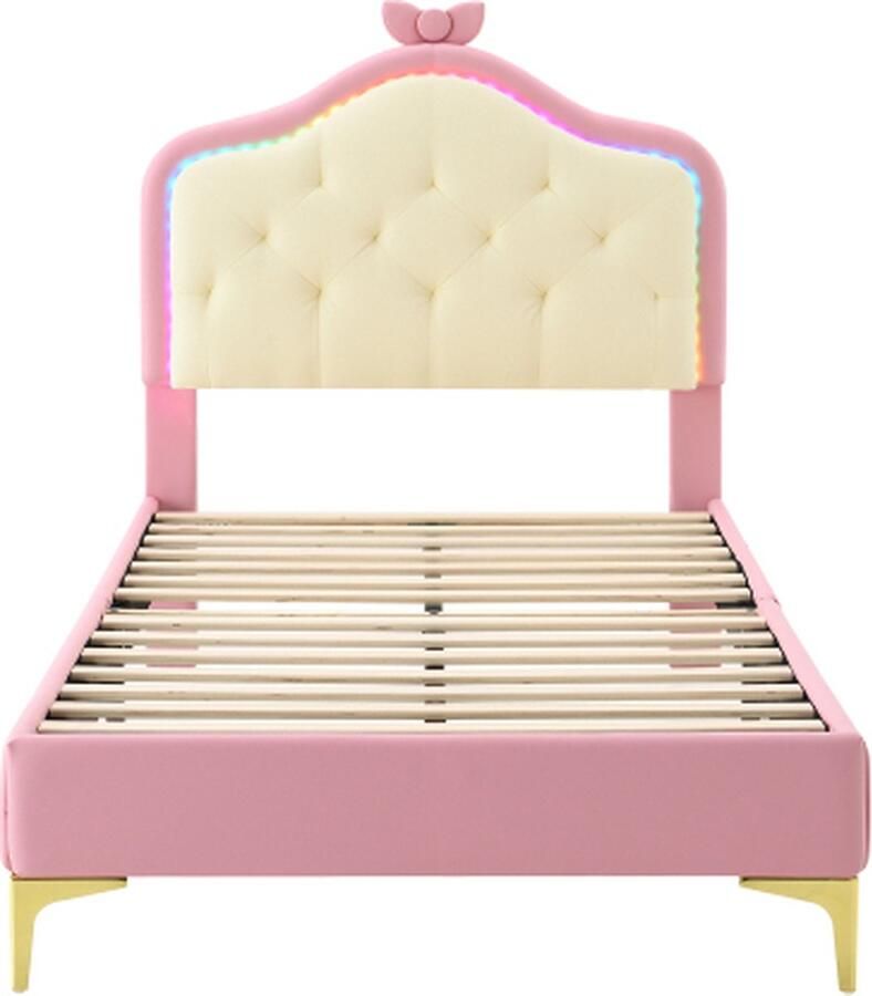 Zonder merk Gotagee Gestoffeerd bed 90x200cm Eenpersoonsbed zonder matras Roze PU met houten latten met meerkleurige LED-strips Kinderbed