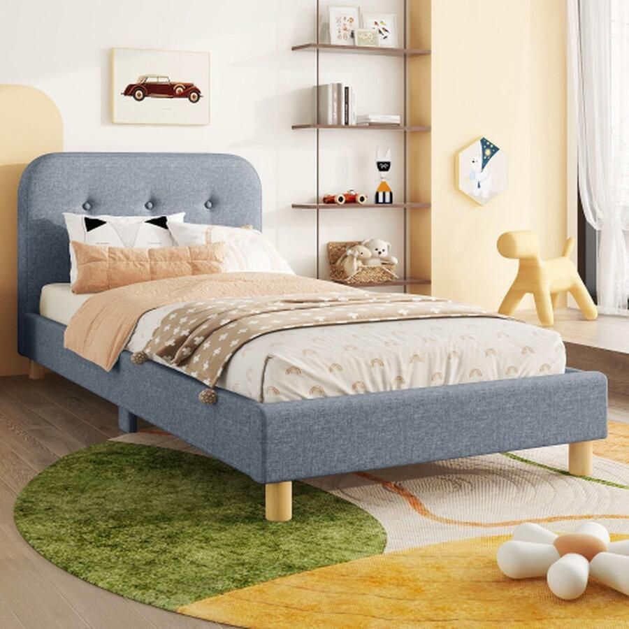 Gestoffeerd bed 90x200cm gestoffeerd bed eenpersoonsbed (zonder matras) linnen minimalistische styling grijs