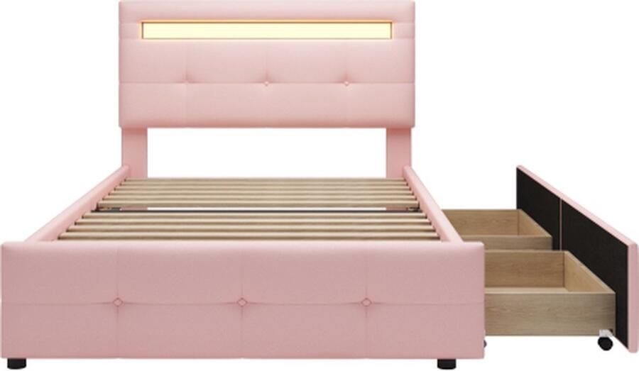 GOTAGEE Gestoffeerd bed 90x200cm Jeugdbed (zonder matras) met LED Roze Linnen