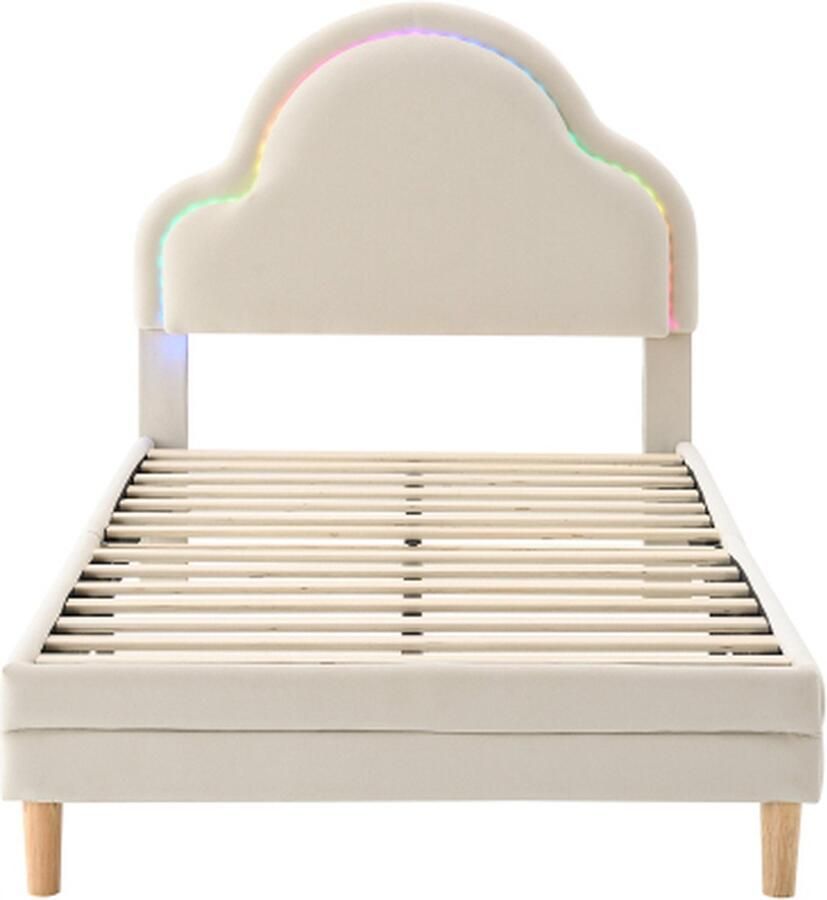 Zonder merk Gotagee Gestoffeerd bed 90x200cm Kinderbed zonder matras Beige Fluweel met houten latten met meerkleurige LED-strips