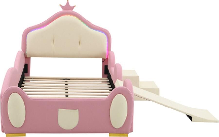 Zonder merk Gotagee Gestoffeerd bed 90x200cm Kinderbed zonder matras Roze + Beige PU met houten latten met meerkleurige LED-strips met kleine glijbaan en trap Tekenfilmbed