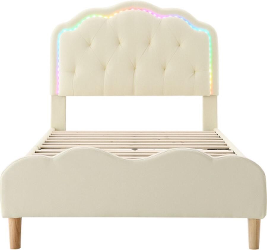 Zonder merk Gotagee Gestoffeerd bed 90x200cm Kinderbed zonder matras Wit PU met houten latten met meerkleurige LED-strips