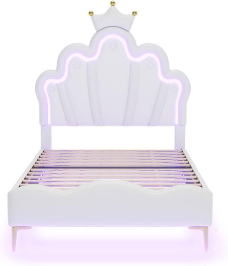 Zonder merk Gotagee Gestoffeerd bed 90x200cm plat tweepersoonsbed kroonvormig prinsessenbed PU-leren bekleding verstelbare LED-sfeerverlichtingsstrip wit