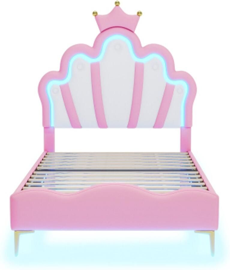 Zonder merk Gotagee Gestoffeerd bed 90x200cm plat tweepersoonsbed kroonvormig prinsessenbed PU-leren bekleding verstelbare LED-sfeerverlichtingsstrip roze