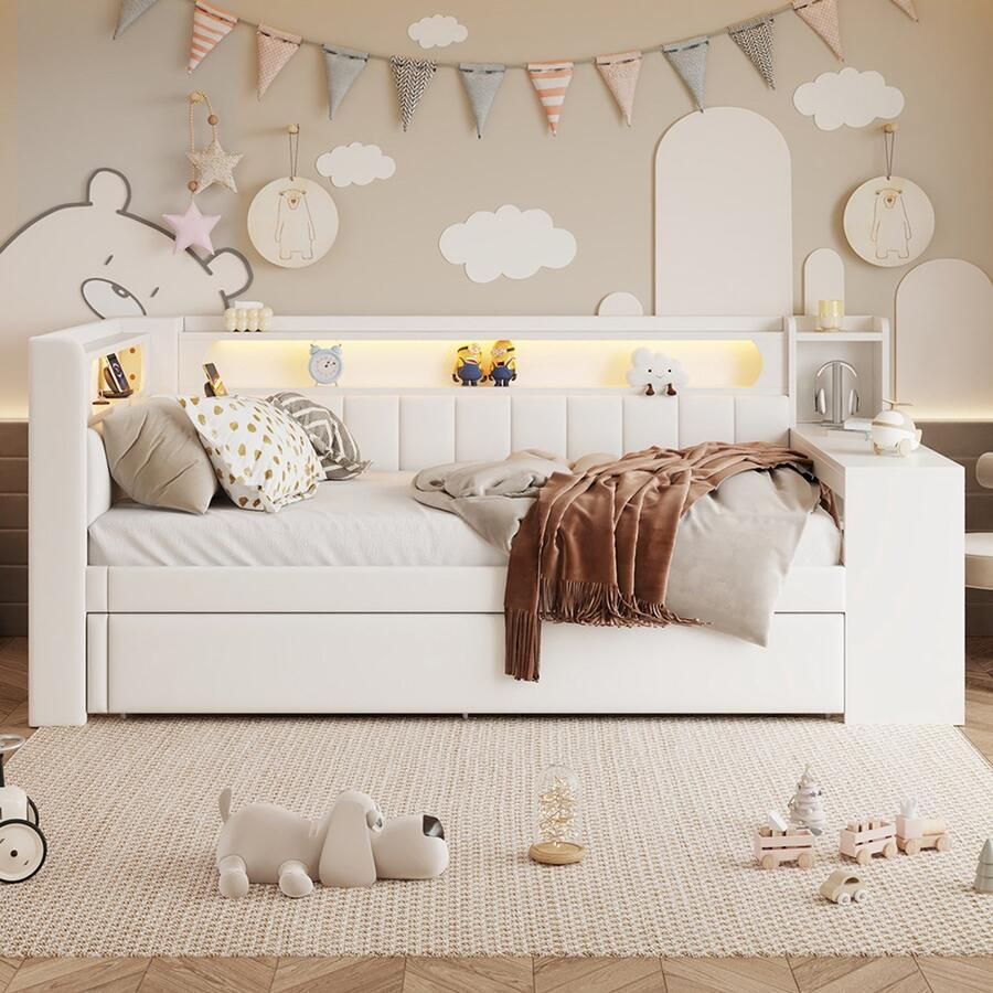 Gestoffeerd bed 90x200cm slaapbank met USB-poorten en LED-gordel met uitschuifbaar bed en bureau wit