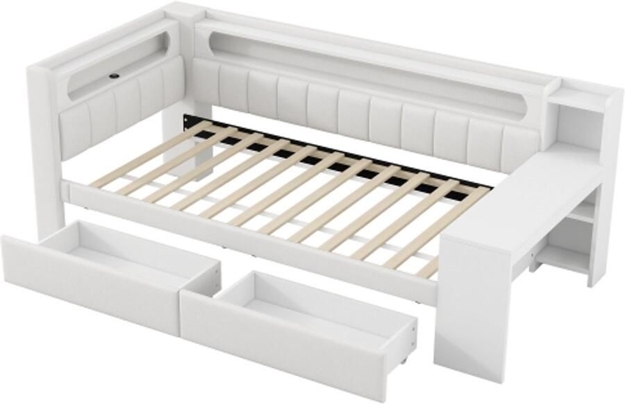 Gestoffeerd bed 90x200cm slaapbank met USB-poorten en LED-riem met bureau en 2 lades wit