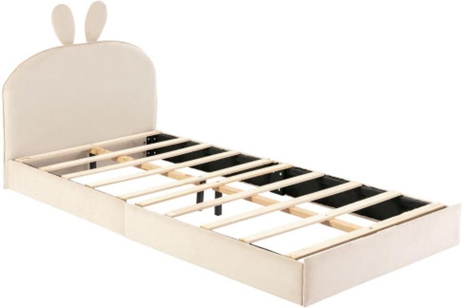 Gestoffeerd Bed 90x200cm Zonder Matras Beige Fluweel Met Konijn Hoofdbord Kinderbed