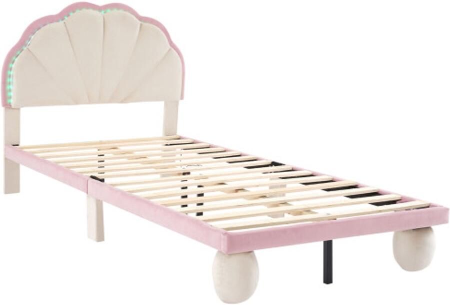 Gestoffeerd Bed 90x200cm Zonder Matras Beige+Roze Fluweel Met Golvend Hoofdbord Meerkleurige Wisselende LED En Ronde Poten Kinderbed