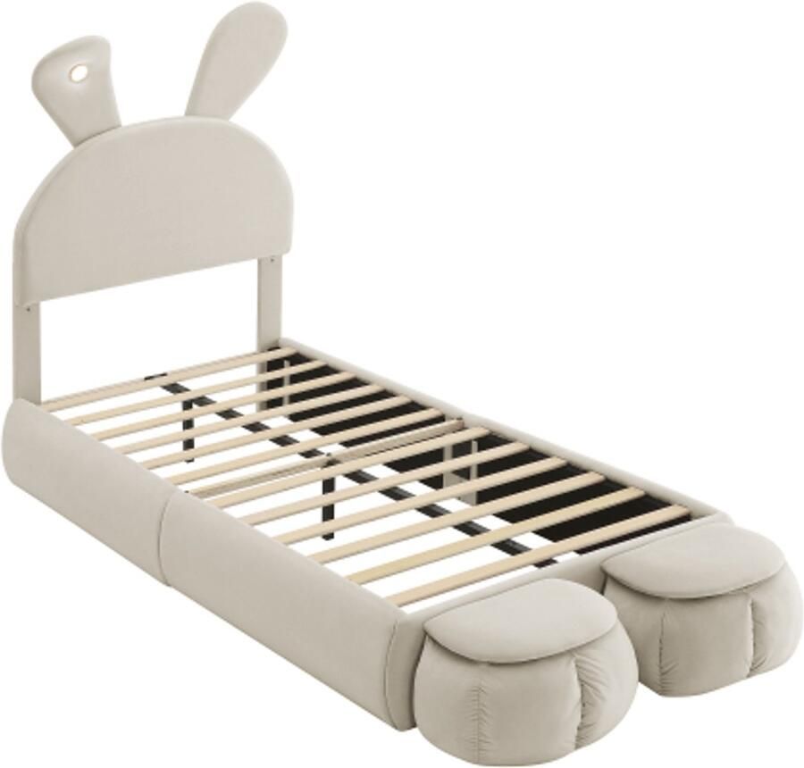 Gestoffeerd Bed 90x200cm Zonder Matras Eenpersoonsbed Beige Fluweel Met LED Konijnenoren Inclusief 2 Krukjes Met Houten Lattenbodem Kinderkamer