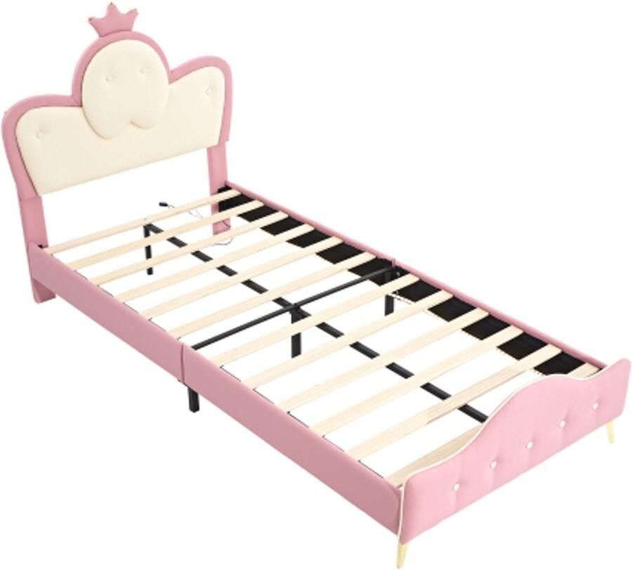 Gestoffeerd Bed 90x200cm Zonder Matras Kinderbed Roze+Wit PU Met LED Strip En Kroontje Hoofdbord Veiligheidsranden Geschikt Voor Kinderen