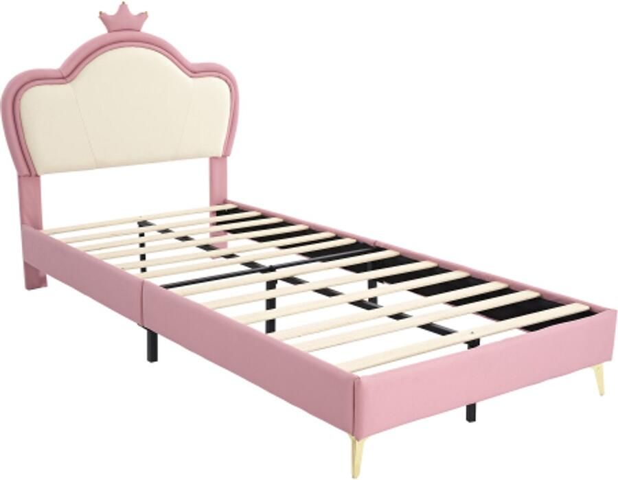 Gestoffeerd Bed 90x200cm Zonder Matras Kinderbed Roze+Wit PU Met Zachte Randen Elegant Hoofdbord Met Kroontje En Metalen Poten Geschikt Voor Kinderen