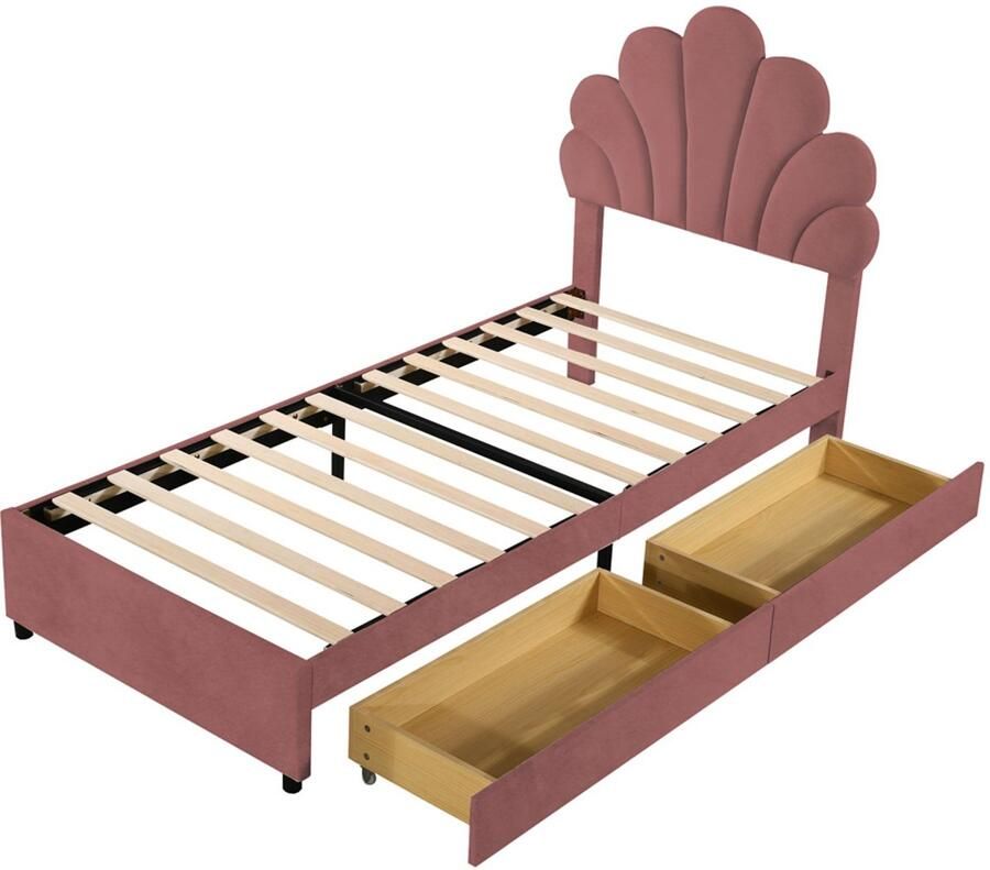 Gestoffeerd bed 90x200cm zonder matras met 2 laden uniek bloemenhoofdbord met verstelbare hoogte huidvriendelijk fluweel roze