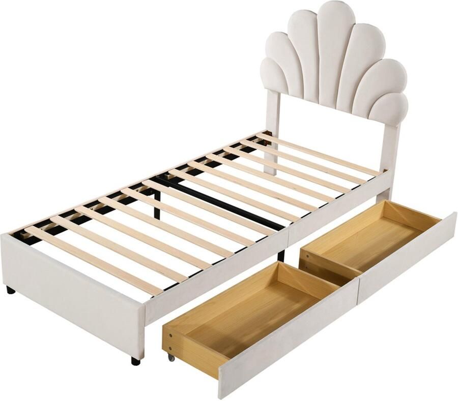 Gestoffeerd bed 90x200cm zonder matras met 2 laden uniek bloemenhoofdbord met verstelbare hoogte huidvriendelijk fluweel beige