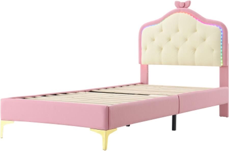 Gestoffeerd Bed 90x200cm Zonder Matras Roze PU Met Golvend Hoofdbord Strik En Meerkleurige Wisselende LED Strip Kinderbed