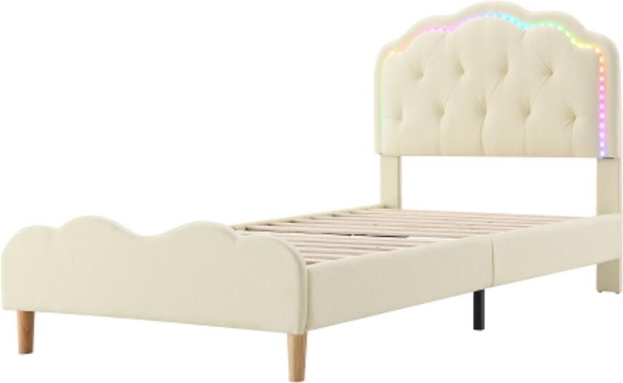 Gestoffeerd Bed 90x200cm Zonder Matras Wit PU Met Golvend Hoofdbord Met Knopen En Meerkleurige Wisselende LED Strip Geschikt Voor Kinderen