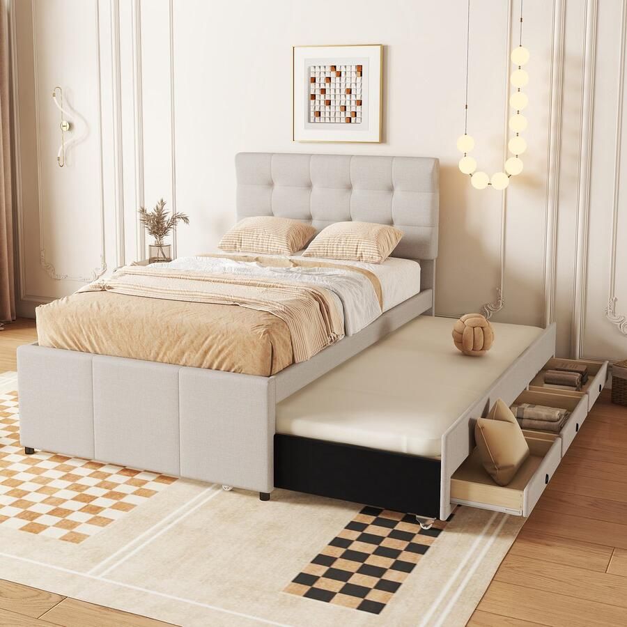 Gestoffeerd bed 90x200cm(90x190cm) Familiebed met drie lades Uitschuifbaar opklapbed Verstelbaar hoofdeinde Zonder matras Beige
