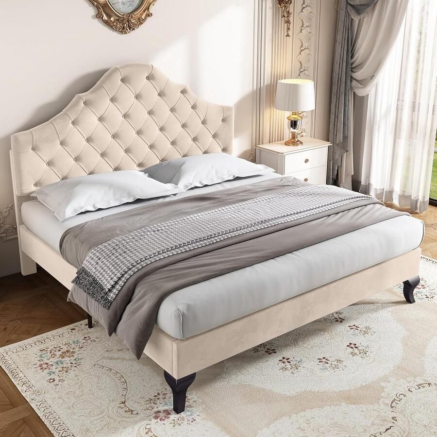Gestoffeerd bed 140*190 met lattenbodem en hoofdeinde- Gestoffeerd bed met in hoogte verstelbaar hoofdeinde Jeugdbed eenpersoonsbed Houten lattenbodem eenvoudige montage Fluweel Beige - Foto 2
