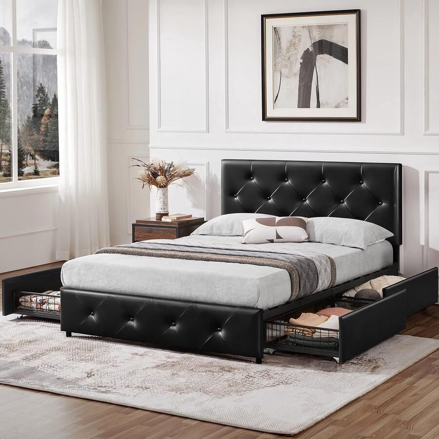 Gestoffeerd bed bedframe tweepersoonsbed met lattenbodem tweepersoonsbed met in hoogte verstelbaar hoofdeinde stoffen bed opbergruimte onder bed logeerbed voor slaapkamer zwart