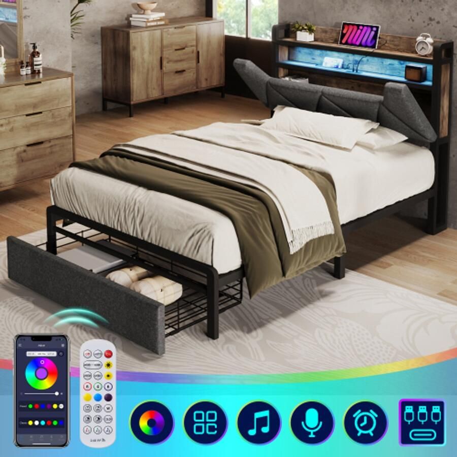 Gestoffeerd bed met USB Type C oplaadfunctie opberghoofdeinde en LED-verlichting en laden eenpersoonsbed 90 x 200 opbergbedden bedframe met lattenbodem van metalen frame grijs (zonder matras)