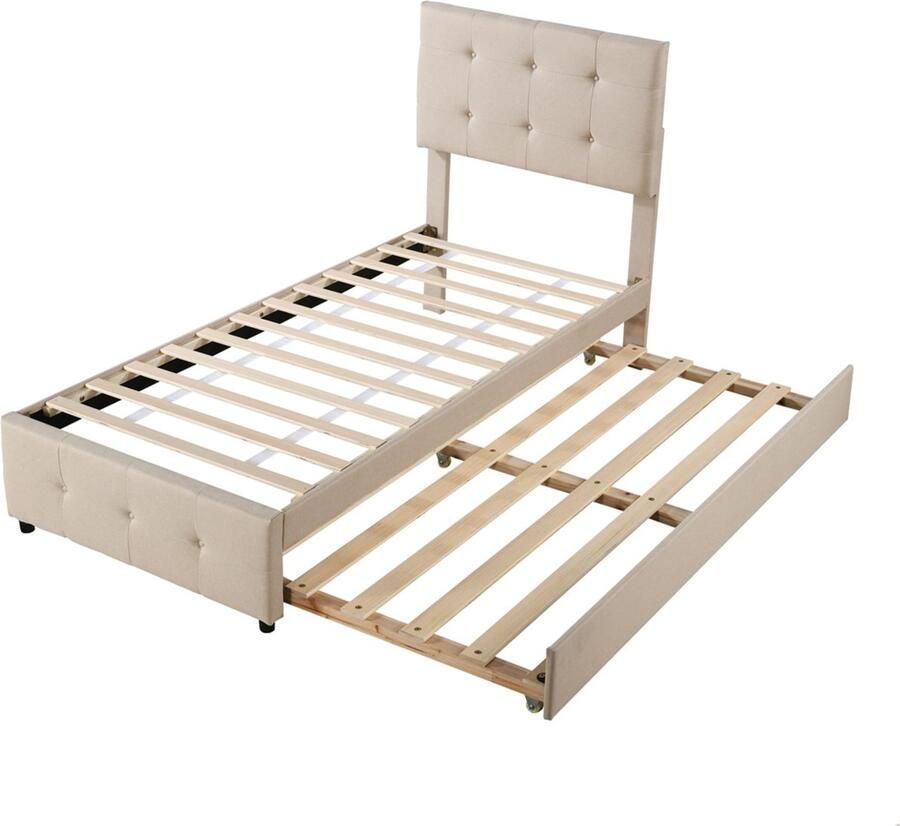 Gestoffeerd bed Eenpersoonsbed Kinderbed 90x200cm Zonder matras Met uittrekbaar bed Knopversiering Huidvriendelijk zacht linnen stof Beige