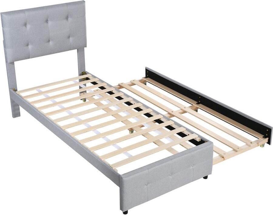 Gestoffeerd bed Eenpersoonsbed Kinderbed 90x200cm Zonder matras Met uittrekbaar bed Knopversiering Huidvriendelijk zacht linnen stof Grijs