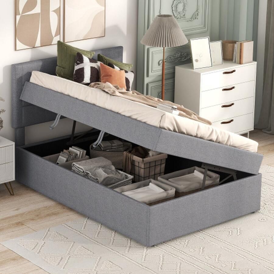 Gestoffeerd bed eenpersoonsbed met lattenbodem van metalen frame grote opbergruimte beige 200x90cm