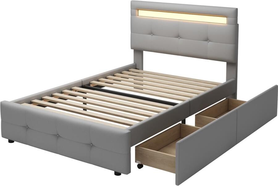 Gestoffeerd bed Eenpersoonsbed Opbergbad 90x200cm Zonder matras Met kleurveranderende LED-verlichting en 2 lades Stijlvol klassiek ontwerp met knoopdecoratie In hoogte verstelbaar hoofdbord Grijs