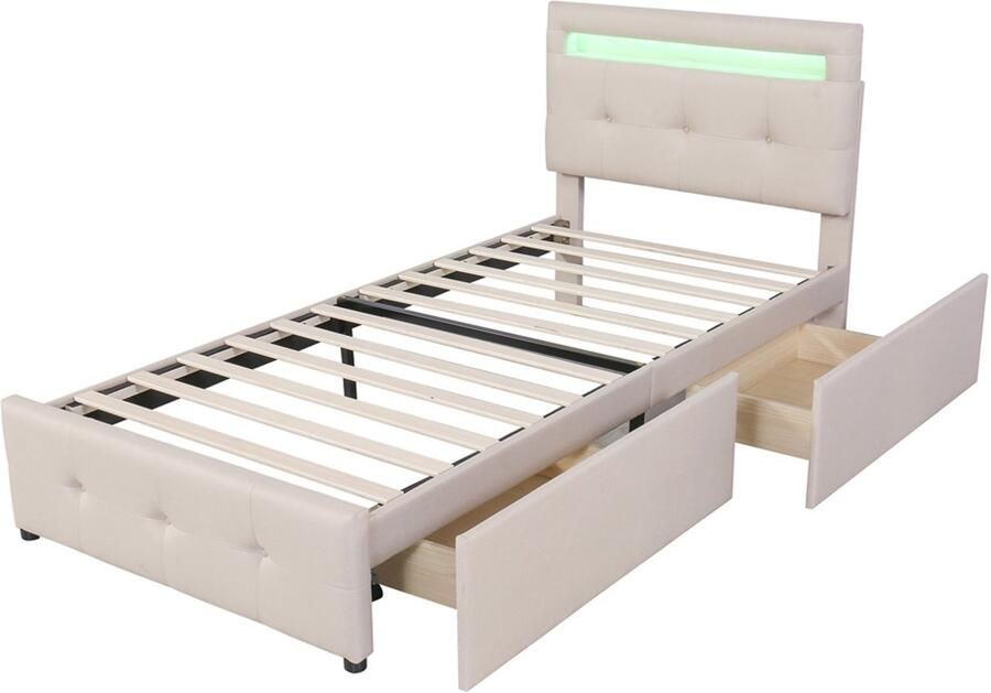 Gestoffeerd bed Eenpersoonsbed Opbergbad 90x200cm Zonder matras Met kleurveranderende LED-verlichting en 2 lades Stijlvol klassiek ontwerp met knoopdecoratie In hoogte verstelbaar hoofdbord Beige
