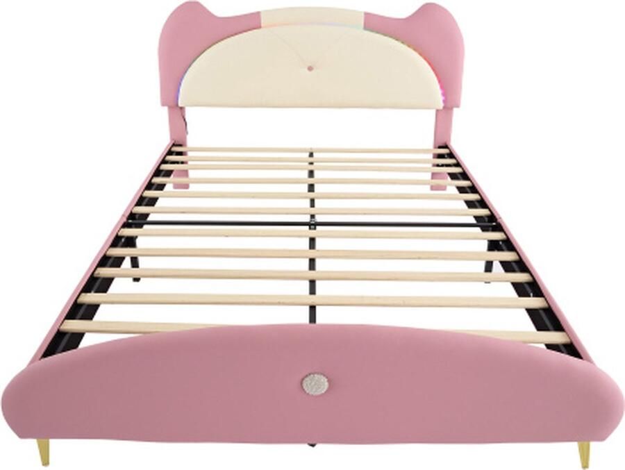 Zonder merk Gotagee Gestoffeerd bed Kinderbed 140x200cm zonder matras Beige+Roze MDF+massief hout+ijzer met LED-strips