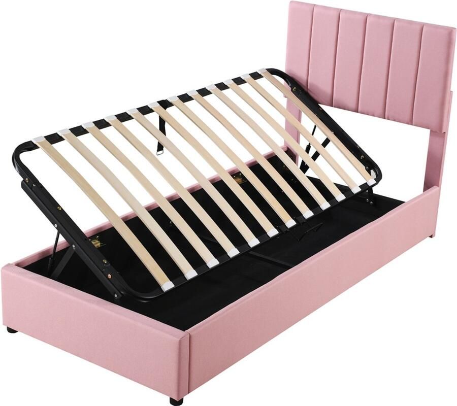 Gestoffeerd bed Kinderbed Eenpersoonsbed 90x200cm Zonder matras Met hydraulische opbergruimte Zachte huidvriendelijke linnen stof Klassiek stijlvol hoofdeinde met verticale streepversiering roze