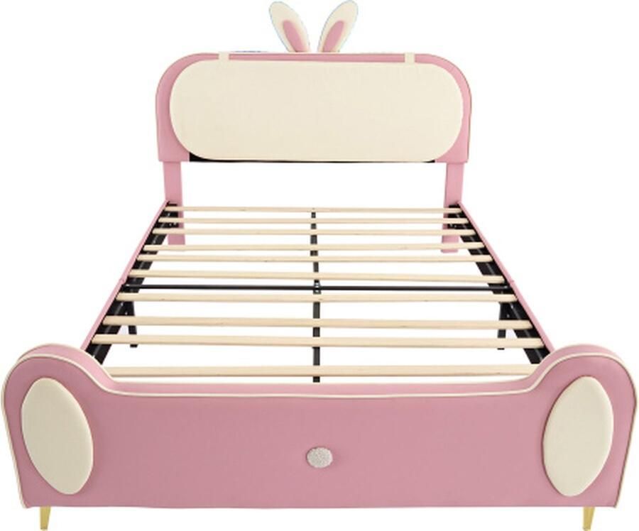 GOTAGEE Gestoffeerd bed Kinderbed met konijnen hoofdbord 140x200cm zonder matras Beige+Roze MDF+massief hout+ijzer met LED-strips