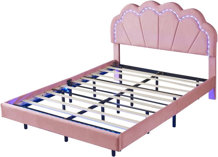Gestoffeerd bed Kinderbed Tweepersoonsbed 140x200cm Zonder matras Met kleurveranderende LED-verlichting Stijlvol klassiek hoofdbord in bijzondere schelpvorm Huidvriendelijke zachte stof Geschikt voor slaapkamer of kinderkamer Roze