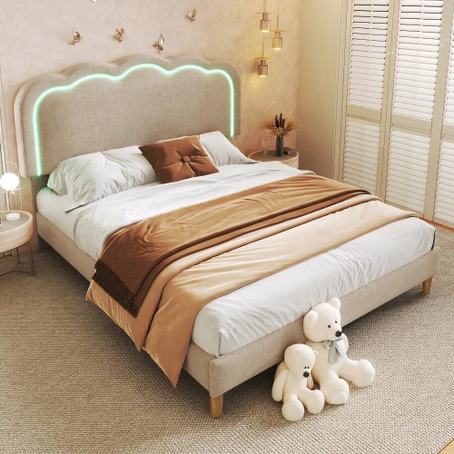 Gestoffeerd bed LED tweepersoonsbed 140 x 200 cm bedframe met lattenbodem en verstelbaar hoofdeinde gevoerd bed in beige bedframe jeugdbed voor slaapkamer logeerkamer linnenmateriaal