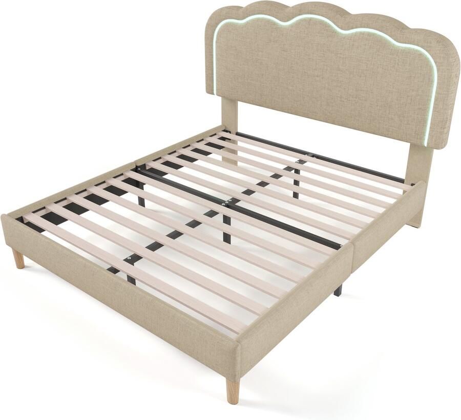 Gestoffeerd Bed LED tweepersoonsbed 140 x 200 cm Bedframe met Lattenbodem en Verstelbaar Hoofdeinde Beige Bedframe Fluweel