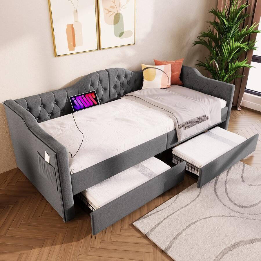 Gestoffeerd bed ligbed slaapbank opbergbedden bedframe met USB Type C-opladen en 2 lades 90x190 cm grijs fluweel zonder matras