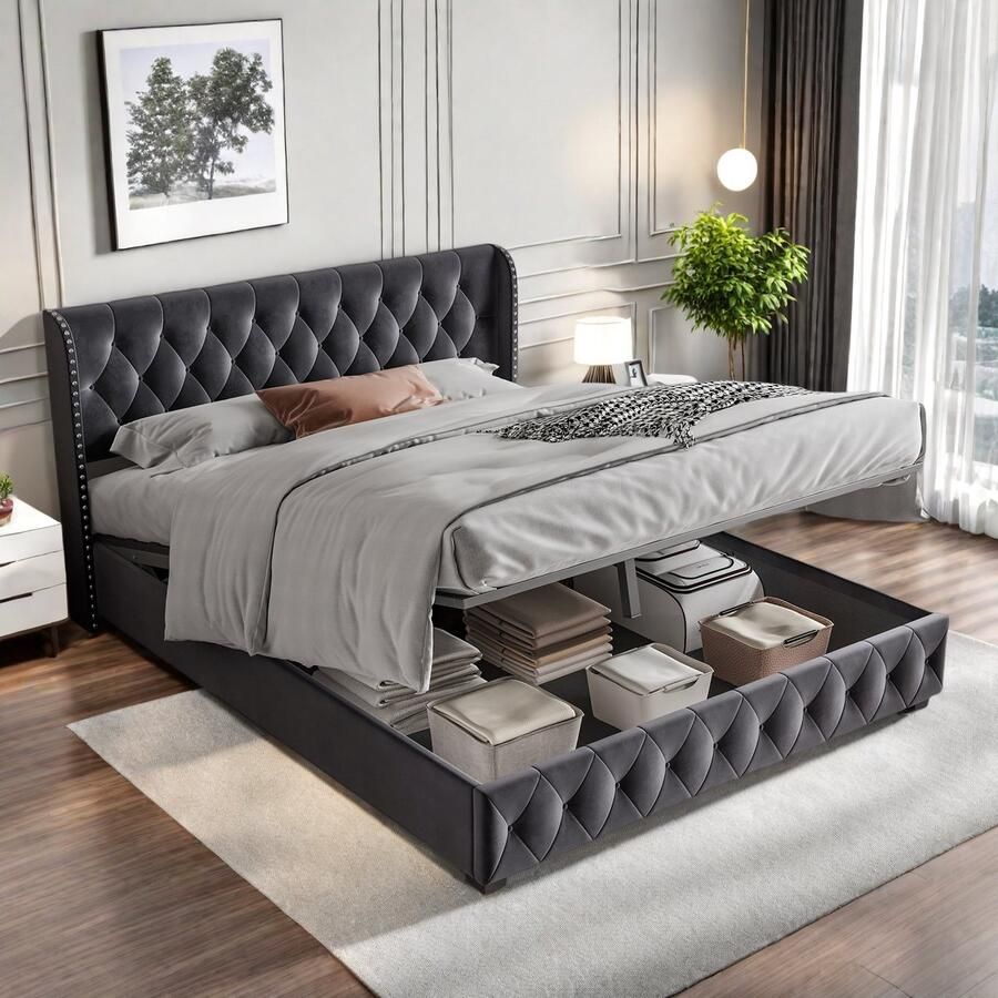 Gestoffeerd bed met lattenbodem en hoofdbord 180 x 200 cm Opklapbed met veel opbergruimte voor volwassenen en tieners houten lattenbodem eenvoudige montage fluweel donkergrijs zonder matras