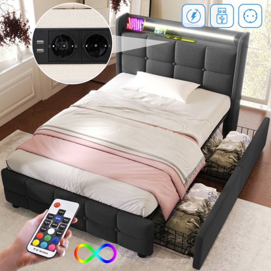 Gestoffeerd bed met opladen USB oplaadfunctie hoofdeinde en LED verlichting en 2 lades eenpersoonsbed 90x200cm opbergruimte bedden bedframe houten lattenbodem grijs (zonder matras)