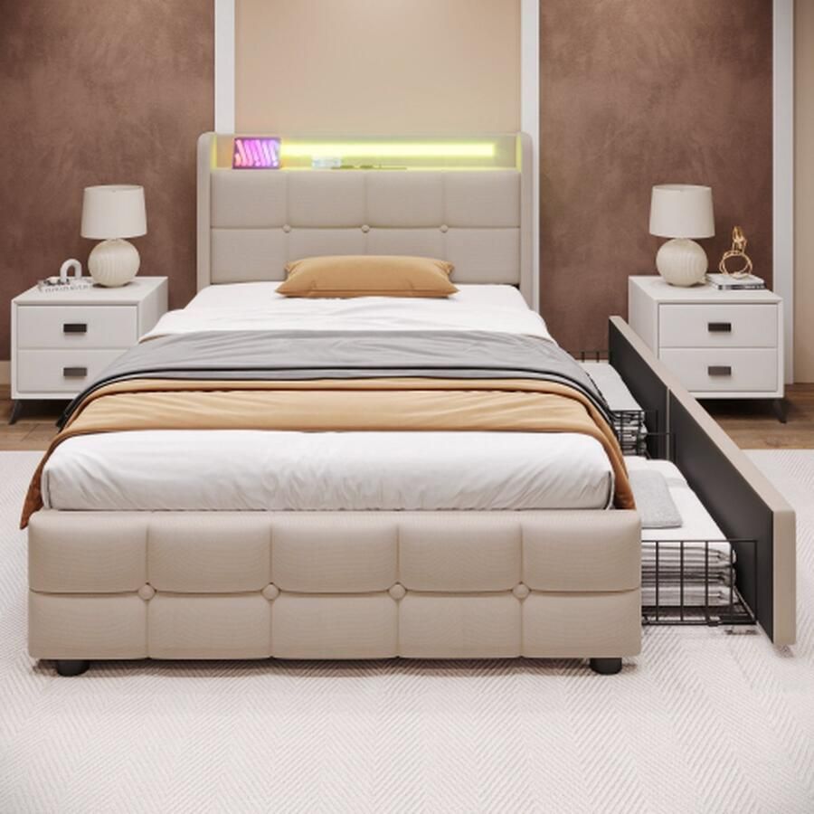 Gestoffeerd bed met opladen USB oplaadfunctie hoofdeinde en LED verlichting en 2 lades eenpersoonsbed 90x200cm opbergruimte bedden bedframe houten lattenbodem wit(zonder matras)