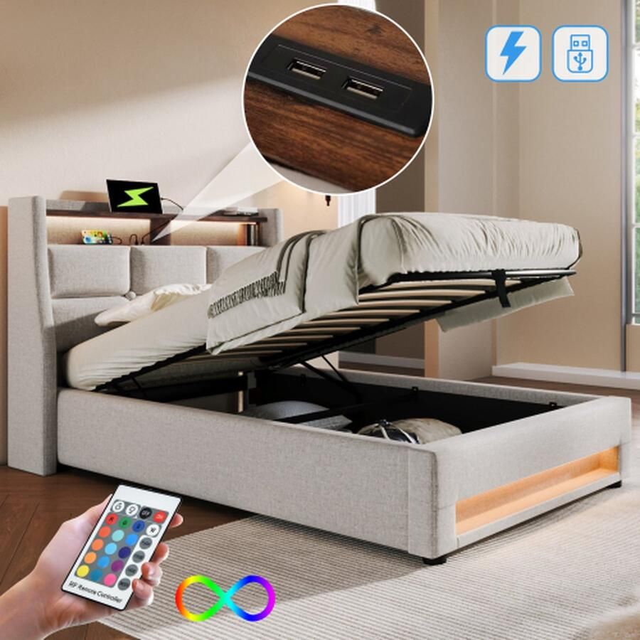 Gestoffeerd bed met USB 90x200cm LED eenpersoonsbed met lattenbodem van metalen frame bedframe van linnen materiaal jeugdbed (zonder matras)