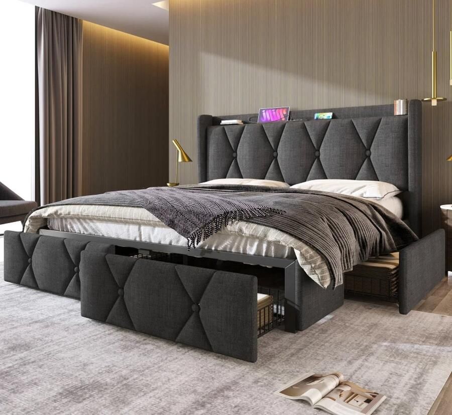 Gestoffeerd bed met USB-oplaadfunctie in hoofdbord en 4 laden opbergbed Bedframe Houten lattenbodem Grijs