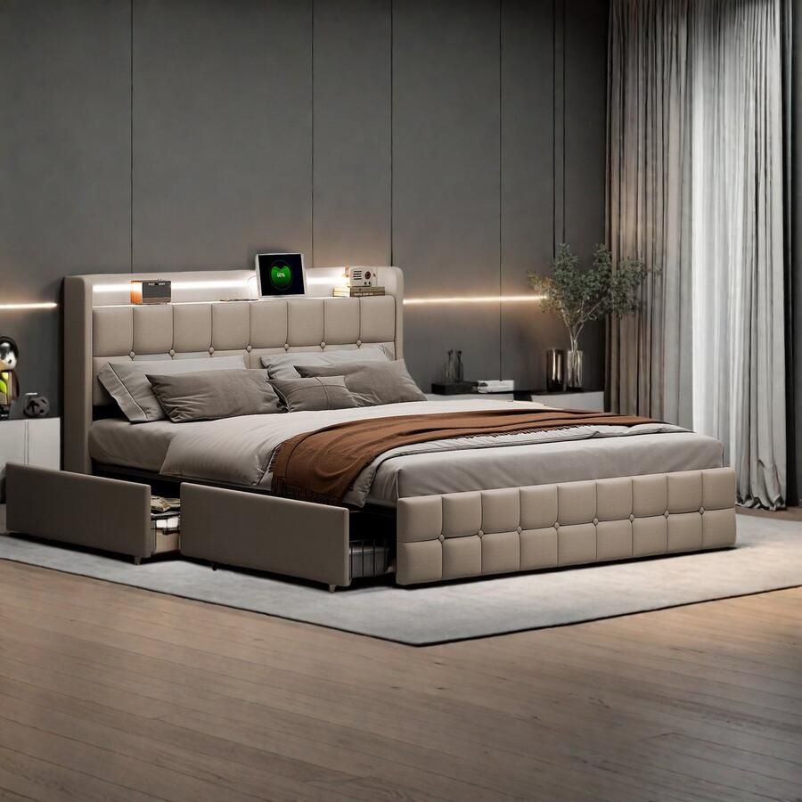 Gestoffeerd bed met USB-oplaadfunctie LED-hoofdeinde en 4 lades tweepersoonsbed 140x200cm opbergbed jeugdbedframe houten lattenbodem linnen zonder matras (beige 140x200cm)