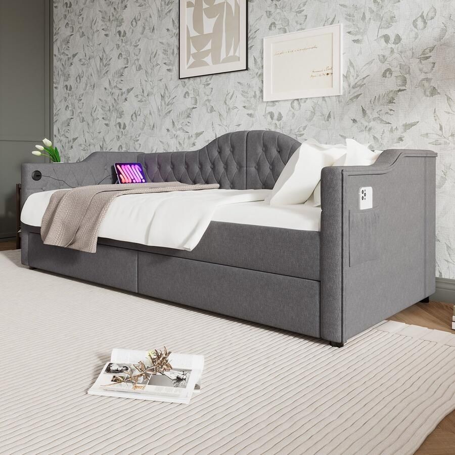 Gotagee Gestoffeerd bed slaapbank opbergbed laag bed dagbed met USB Bed met lades Bed met opbergruimte Bed zonder matras - Foto 2