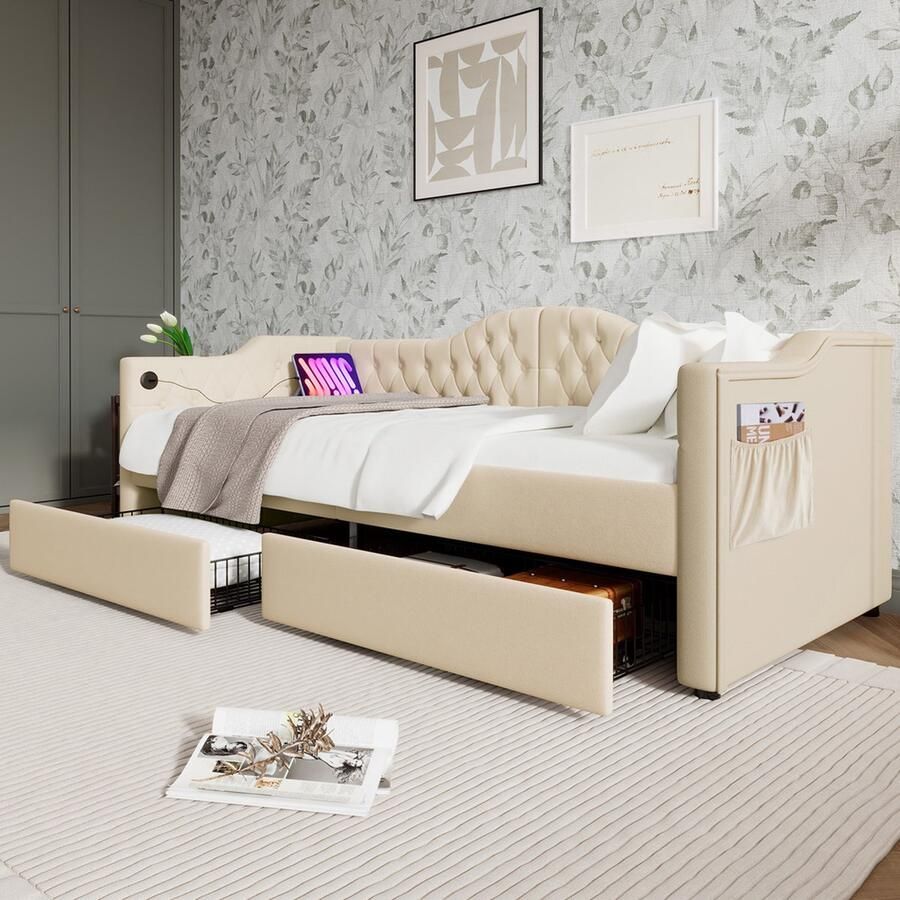 Gotagee Gestoffeerd bed slaapbank opbergbed laag bed dagbed met USB Bed met lades Bed met opbergruimte Bed zonder matras - Foto 2