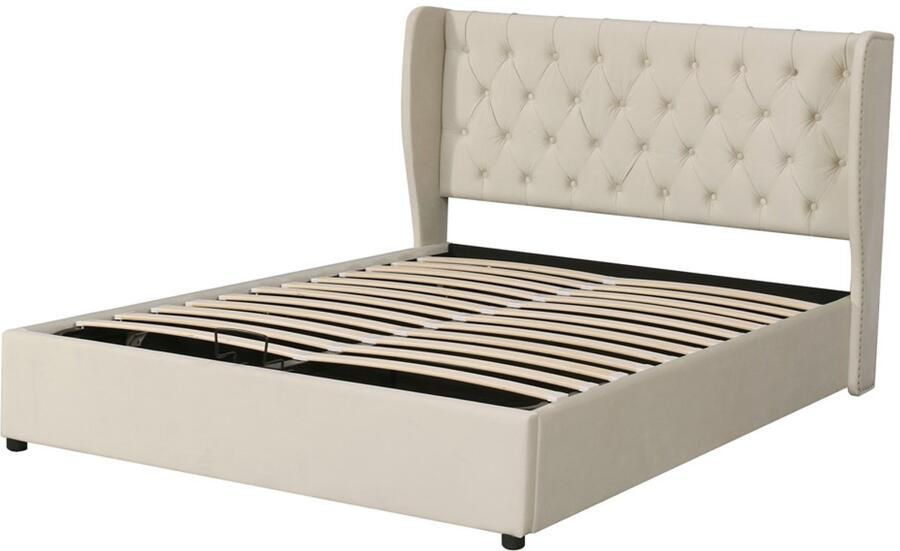 Gestoffeerd bed Tweepersoonsbed 140x190cm Zonder matras Met hydraulische opbergruimte Hoofdeinde met knoopdecoratie Stevig frame Zachte huidvriendelijke stof Beige
