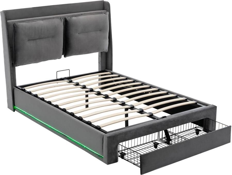 Gestoffeerd bed tweepersoonsbed 140x190cm zonder matras met hydraulische opbergruimte verstelbare LED-verlichting en lades comfortabel zacht bedhoofdeinde met plank huidvriendelijke zachte stof Grijs