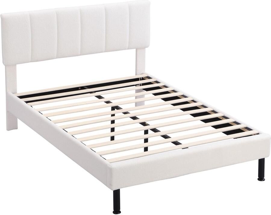 Gestoffeerd bed Tweepersoonsbed 140x190cm Zonder matras Verticaal gestreept hoofdeinde biedt comfortabel steun Zachte huidvriendelijke stof Hoge bedpoten voor gemakkelijke opbergruimte en reiniging Beige