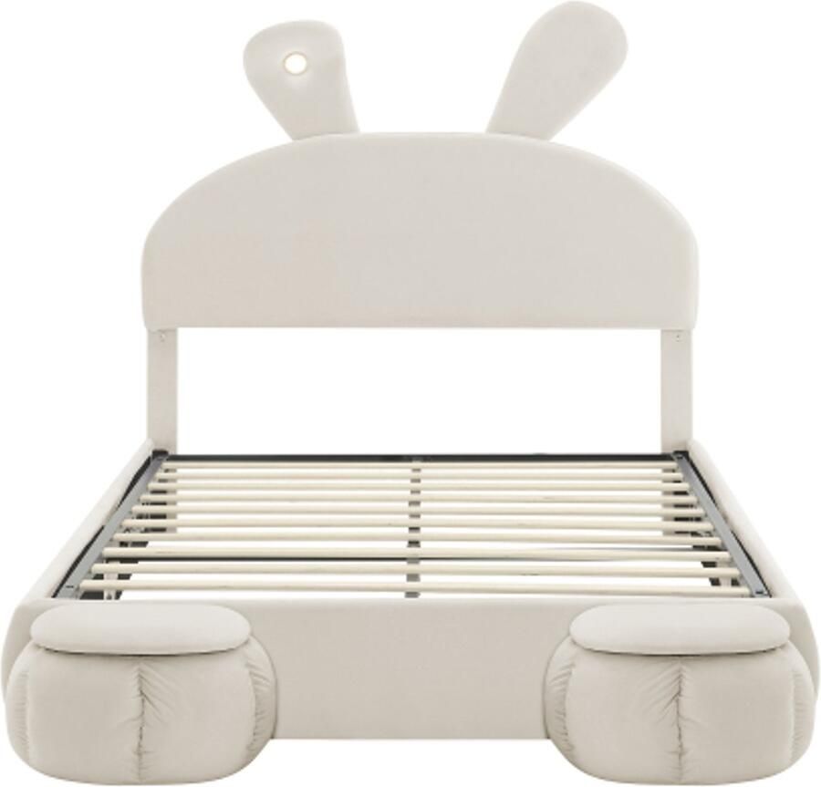 GOTAGEE Gestoffeerd bed tweepersoonsbed 140x200cm hydraulisch bed konijnenoren met instelbare helderheid warmgekleurde lichtstrips opbergruimte onder het bed met twee opbergkrukken fluweel beige