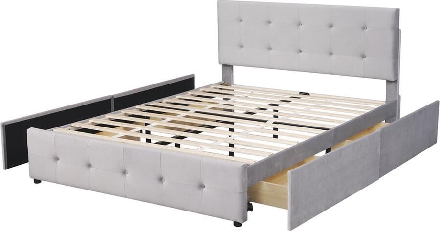 Gestoffeerd bed Tweepersoonsbed 140x200cm zonder matras met 4 laden klassieke stijlvolle knoopdecoratie huidvriendelijke zachte stof geschikt voor volwassenen en tieners grijs